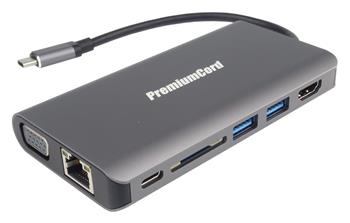 PremiumCord Převodník USB3.1 typ C na HDMI+VGA+RJ45+2xUSB3.0+SD card +3,5mm+PD charge