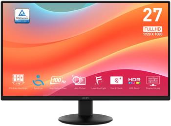 MSI PRO MP272L/ 27"/ 1920x1080/ IPS/ 4ms/ 100Hz/ 250cd/m2/ 1300:1/ HDMI/ DP/ VESA/ černý